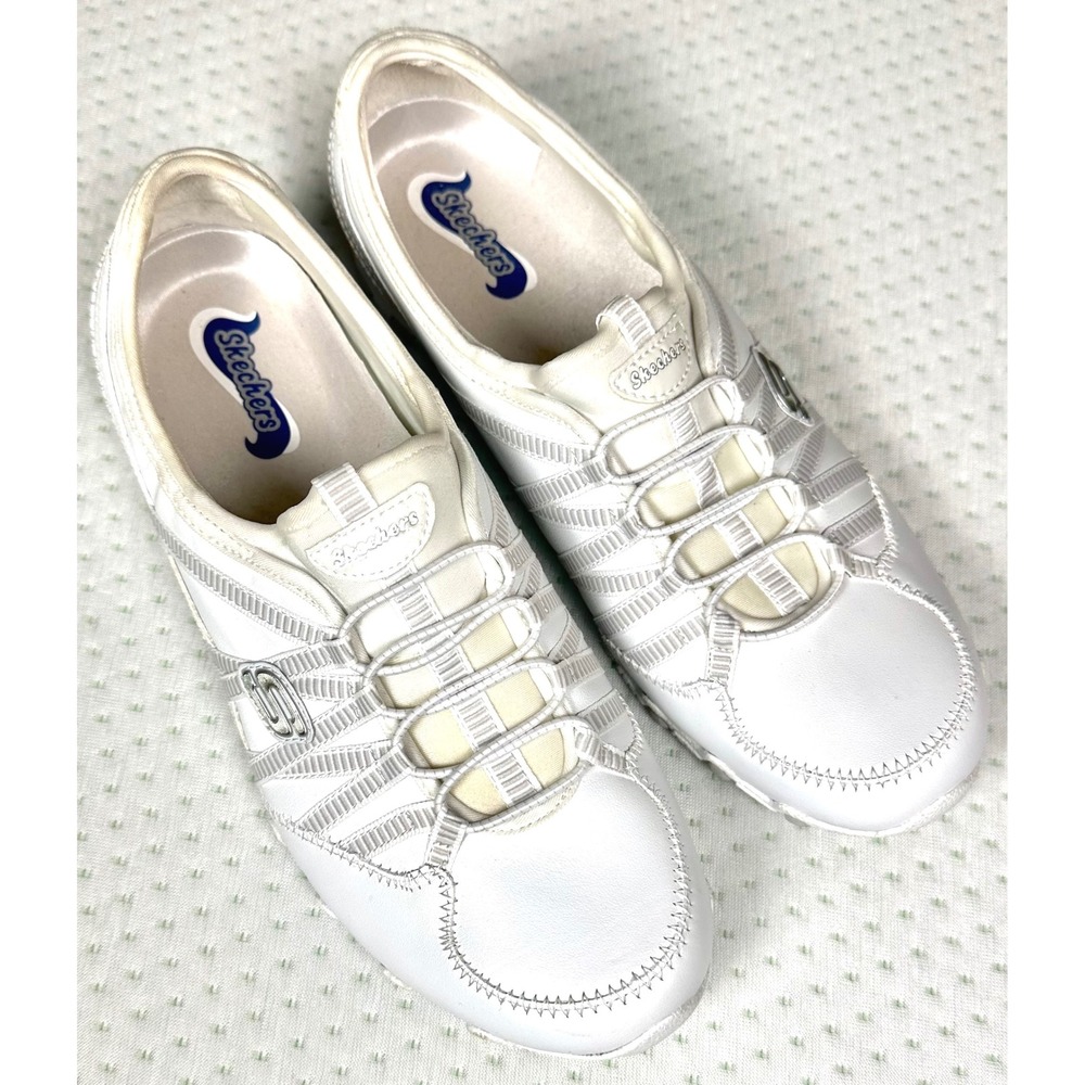 Sz10 New Skechers Bikers Dream-Come-True White Leather Bungee Slip On Sneaker